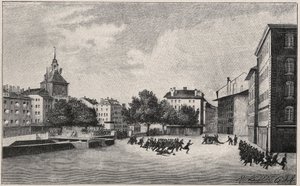 Revolution von Genf vom 7. bis 8. Oktober 1846 (Fazy-Revolution): Verteidigung von St. Gervais am 7. Oktober 1846 - Ansicht des Place de Bel Air und der Ponts-de-l