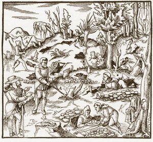 Rhabdomantie - Erkundung eines Bergbaugebiets mit der Wünschelrute - Männer schneiden und verwenden Wünschelruten, um Mineralien zu lokalisieren - Aus „De re metallica“ von Georgius Agricola (Georg Bauer), Basel von Unknown artist