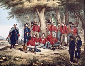 Risorgimento: Der italienische Patriot Giuseppe Garibaldi (1807-1882) wird in Aspromonte am 29.08.1862 verwundet und von Soldaten transportiert von Unknown artist