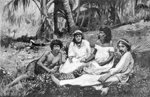 Robert Louis Stevenson (1850-1894) mit seiner Frau in Samoa, wo er seinen Wohnsitz hatte. Veröffentlicht in Vailima. Gravur um 1890-1895 von Unknown artist