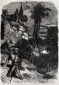 Rodomont, Isabella und der alte Einsiedler - Gravur von 1851 aus „Furious Roland“ (Orlando furioso) (16. Jahrhundert) von Ludovico Ariosto, bekannt als Ariosto - Ausgabe übersetzt aus dem Italienischen von Graf von Tressan und veröffentlicht von Gustave Ha von Unknown artist