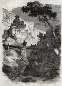 Rodomont wird von Bradamante besiegt - Gravur von 1851 aus „Roland der Rasende“ (Orlando furioso) (16. Jahrhundert) von Ludovico Ariosto, bekannt als der Ariosta - Ausgabe, übersetzt aus dem Italienischen von Graf von Tressan und veröffentlicht von Gustave