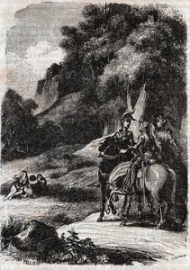 Roger, Marphise und die drei Frauen - Gravur von 1851 aus „Roland furieux“ (Orlando furioso) (16. Jahrhundert) von Ludovico Ariosto, bekannt als Ariosto - Ausgabe übersetzt aus dem Italienischen von Graf von Tressan und veröffentlicht von Gustave Harvard