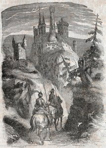 Roger und Richardet sehen das Schloss von Aigremont - Gravur von 1851 aus „Furioser Roland“ (Orlando furioso) (16. Jahrhundert) von Ludovico Ariosto, bekannt als der Ariosta - Ausgabe übersetzt aus dem Italienischen von Graf von Tressan und veröffentlicht 