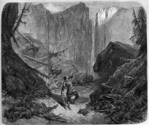 Roland bläst in sein Horn in der Schlacht von Roncesvalles am 15. August 778. Zeichnung von Alphonse de Neuville (1836-1885) für die Oper „Roland à Roncesvaux“ (Akt IV, Szene 1) von Auguste Mermet (1810-1889). Paris, Théâtre impérial de l