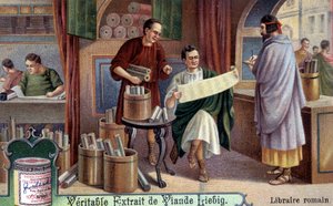 Römischer Buchhändler. Chromolithographie, Liebig-Bild.