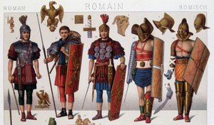 Römische Gladiatorenkostüme und Krieger. Chromolithographie des 19. Jahrhunderts von Unknown artist