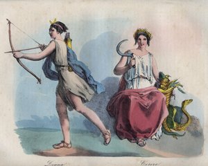 Römische Mythologie - Diana (Diane) die Göttin der Jagd und Ceres die Göttin der Landwirtschaft - Gravur aus „Usi e Costumi di Tutti i Popoli dell