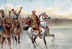 Römisches politisches System: Der Konsul. Julius Caesar überquerte den Fluss Rubikon mit seinen Legionen am 10. Januar 49 v. Chr. auf den Spuren von Pompeius dem Großen