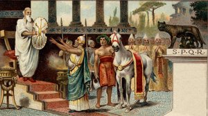 Römisches politisches System. Der König: Numa Pompilius, legendärer König von Rom (-715, -672), übergibt den heiligen Schild den salischen Priestern. Chromolithographie aus dem späten 19. Jahrhundert. von Unknown artist