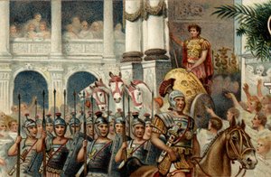 Römisches politisches System. Der Kaiser: Parade zu Ehren der Siege des römischen Kaisers Augustus (Octavian) in Actium, Pannonien und Ägypten. Chromolithographie aus dem späten 19. Jahrhundert.