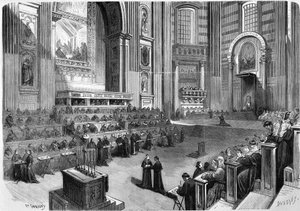 Rom 1869, erstes Treffen des ökumenischen Konzils von 1869, abgehalten am 9. Dezember im rechten Teil des Querschiffs der Kirche St. Peter von Unknown artist