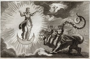 Royaumont-Bibel, Neues Testament: Tier der Offenbarung. Johannes sieht ein monströses Tier mit sieben Köpfen und zehn Hörnern und eine schwangere Frau, umgeben von Licht, unter deren Füßen der Mond ist und auf ihrem Kopf eine Krone aus zwölf Sternen. Illus von Unknown artist