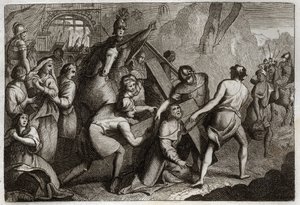 Royaumont-Bibel, Neues Testament: Kreuztragung (Kreuzweg). Jesus Christus trägt sein Kreuz auf den Berg Golgatha mit Hilfe von Simon von Kyrene (der Kyrenäer). Illustration von 1811.
