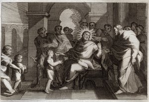 Bibel von Royaumont, Neues Testament: Kind als Vorbild der Demut. Jesus Christus stellt seinen Jüngern ein Kind als Vorbild des demütigen Christen vor. Illustration von 1811.