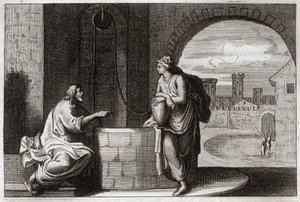 Bibel von Royaumont, Neues Testament: Christus und die Samariterin am Brunnen. Jesus Christus bekehrt eine samaritanische Frau. Illustration von 1811. von Unknown artist