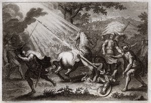 Royaumont-Bibel, Neues Testament: Bekehrung des heiligen Paulus auf dem Weg nach Damaskus. Er hört die Stimme von Jesus Christus, die zu ihm sagt: „Saul, Saul, warum verfolgst du mich?“ und ein Pferd fällt. Illustration von 1811