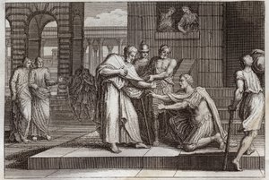 Royaumont-Bibel, Neues Testament: Cornelius tauft. Der Zenturio Cornelius empfängt den Glauben an Jesus Christus und wird von St. Peter getauft. Illustration von 1811. von Unknown artist