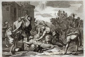 Royaumont-Bibel, Neues Testament: Tod des heiligen Stephanus, erster christlicher Märtyrer, durch Steinigung. Illustration von 1811. von Unknown artist