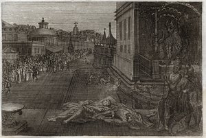 Royaumont-Bibel, Neues Testament: Tod der zwei Propheten. Die Vision des heiligen Johannes von zwei toten Propheten, die dann wieder auferstanden. Siebte Posaune der Offenbarung. Illustration von 1811 von Unknown artist