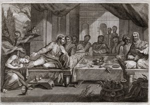 Royaumont-Bibel, Neues Testament: Abendessen bei Simon dem Pharisäer. Maria Magdalena weinte zu den Füßen Jesu Christi bei Simon dem Pharisäer und erhielt die Vergebung ihrer Sünden. Sie salbt Christi Füße mit Salböl und trocknet sie mit ihrem Haar. Illust