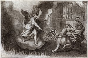 Royaumont-Bibel, Neues Testament: Drachenketten. Der Drache der Offenbarung, Symbol des Teufels, wird von einem Engel, der den Schlüssel des Abgrunds hält, angekettet. Illustration von 1811. von Unknown artist