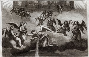 Royaumont-Bibel, Neues Testament: Drache der Offenbarung. Sieben Engel gießen den Inhalt ihrer Schale, Symbol des Zorns Gottes, auf die Erde. Illustration von 1811. von Unknown artist
