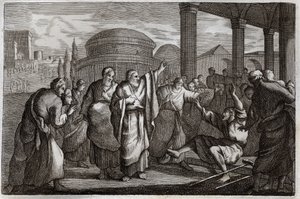 Royaumont-Bibel, Neues Testament: Heilung eines Lahmen. Der heilige Paulus heilt einen Lahmen und hält ein Volk auf, das ihn wie einen Gott opfern wollte. Illustration von 1811