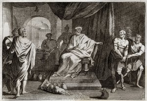 Royaumont-Bibel, Neues Testament: Gleichnis von den Talenten. Ein Herr bestraft einen seiner Diener, der das ihm gegebene Geld versteckt hat. Illustration von 1811. von Unknown artist