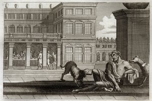 Royaumont-Bibel, Neues Testament: Gleichnis vom reichen Mann und dem armen Lazarus. Der reiche Mann sitzt am Tisch im Hintergrund, während die Hunde des Reichen die Wunden des Bettlers Lazarus lecken. Illustration von 1811