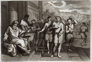 Royaumont-Bibel, Neues Testament: Gleichnis von den Arbeitern im Weinberg. Arbeiter, die der Familienvater in seinen Weinberg schickt. Illustration von 1811. von Unknown artist