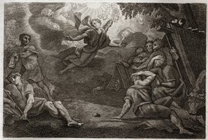 Royaumont-Bibel, Neues Testament: Hirten an der Krippe. Ein Engel verkündet den Hirten die Geburt Jesu Christi (Verkündigung an die Hirten). Illustration von 1811.