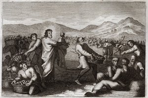 Royaumont-Bibel, Neues Testament: Vermehrung der Brote. Jesus Christus vervielfacht fünf Brote und ernährt fünftausend Männer. Illustration von 1811 von Unknown artist