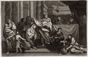 Royaumont-Bibel, Neues Testament: Reinigung der Jungfrau oder Darstellung im Tempel. Die Heilige Familie bietet Jesus Christus dem Tempel an und übergibt ihn Symeon. Eine Frau hält zwei Tauben in einem Korb. Illustration von 1811.