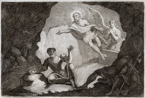 Bibel von Royaumont, Neues Testament: Auferstehung. Jesus Christus erhebt sich aus seinem Grab unter dem Staunen der römischen Soldaten, die eingeschlafen waren. Illustration von 1811 (Gravur)
