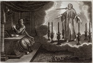 Bibel von Royaumont, Neues Testament: Offenbarungen des Heiligen Johannes in der Offenbarung. Jesus Christus erscheint dem Heiligen Johannes zwischen sieben goldenen Leuchtern, mit sieben Sternen in seiner rechten Hand und einem Schwert, das aus seinem Mun