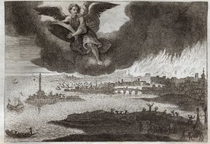 Royaumont-Bibel, Neues Testament: Ruine von Babylon. Babylon in Flammen, ein Engel wirft einen Stein ins Meer, symbolisiert die Zerstörung dieser Stadt während der Offenbarung. Illustration von 1811. von Unknown artist