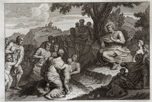 Royaumont-Bibel, Neues Testament: Bergpredigt. Jesus Christus wählt zwölf Apostel aus seinen Jüngern und hält vor ihnen und vor einer großen Menge die Predigt, die gewöhnlich Bergpredigt genannt wird. Illustration von 1811. von Unknown artist