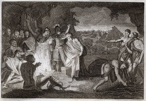 Royaumont-Bibel, Neues Testament: Schiffbruch des Heiligen Paulus. Er wird von einer Viper gebissen, ohne Schaden zu nehmen. Illustration von 1811. von Unknown artist