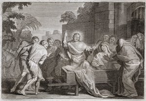 Royaumont-Bibel, Neues Testament: Der Sohn der Witwe von Naim. Jesus Christus erweckt den Sohn einer Witwe aus der Stadt Naim zum Leben. Illustration von 1811