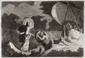 Royaumont-Bibel, Neues Testament: St. Peter geht auf dem Wasser. Jesus Christus geht auf dem Meer und lässt den heiligen Petrus darauf gehen. Illustration von 1811.