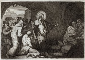 Royaumont-Bibel, Neues Testament: Die Auferweckung des Lazarus durch Jesus Christus. Illustration von 1811.