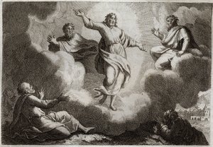Royaumont-Bibel, Neues Testament: Die Verklärung Jesu Christi. Christus umgeben von Mose und Elia, darunter die Apostel Johannes, Petrus und Jakobus. Illustration von 1811. von Unknown artist