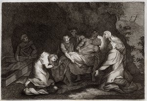 Royaumont-Bibel, Neues Testament: Grab. Grab Jesu Christi. Unter den Figuren, die den Körper Jesu Christi umgeben: die Jungfrau Maria, der heilige Nikodemus, der heilige Joseph von Arimathäa, der heilige Johannes der Evangelist und die heilige Maria Magdal