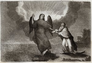Royaumont-Bibel, Neues Testament: Vision des Heiligen Johannes. Vision des Engels mit einem offenen Buch, das Johannes zum Verzehr gibt. Illustration von 1811. von Unknown artist