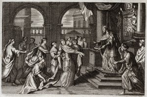 Royaumont-Bibel, Altes Testament: Esther stellt sich vor König Xerxes I (Assuerus I), um ihr Volk vor dem drohenden Tod zu retten. Illustration von 1811. von Unknown artist