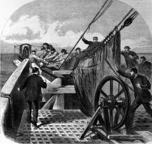 Bruch des transatlantischen Telegraphenkabels an Bord des Schiffes Great Eastern, umgebaut zu einem transatlantischen Telegraphenkabelschiff zwischen Europa und Amerika, Kabelbruch 1865 von Unknown artist