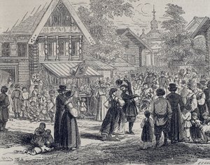 Russland (19. Jh.). Party in einem Dorf. 1879 (Gravur)