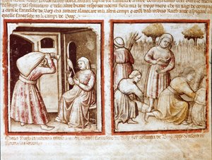 Ruth und Noemi (Naomi, Noemie) arbeiten in den Feldern von Boaz (Booz) Miniatur aus Codex 212 (oder Padovano Codice oder Bibel von Padua) 1390-1400 Rovigo, Accademia dei Concordi von Unknown artist
