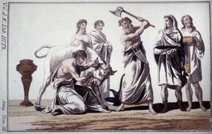 Opferung eines Stiers. Brauch in der römischen Antike. Frühere 19. Jahrhundert Gravur von Unknown artist